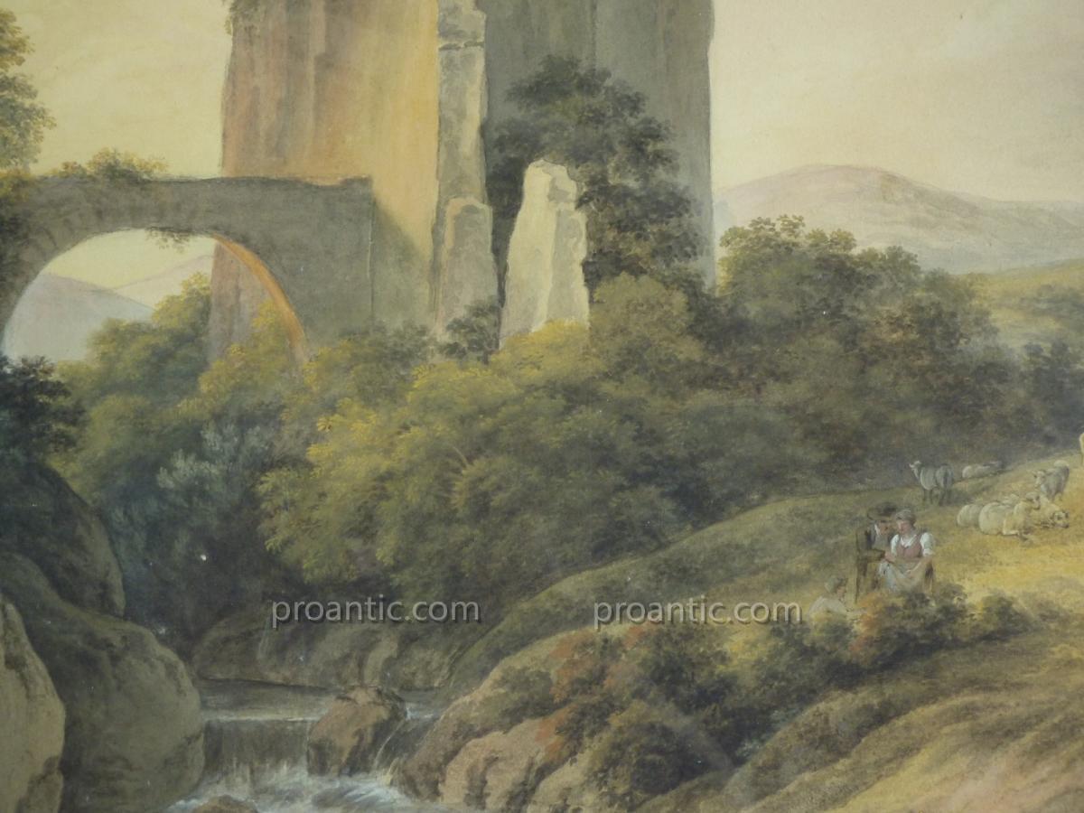 Paysage, ruines et troupeau aquarelle début XIXème, de Saint-Petersbourg, tableau